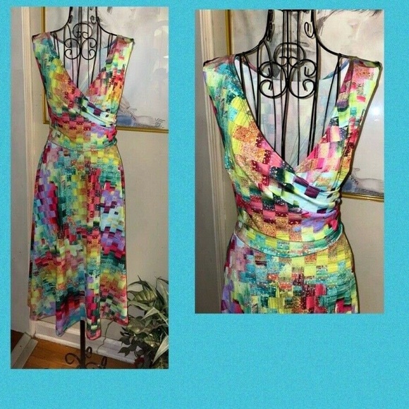 LBISSE "TEAL& PURPLE ABSTRACT PRINT SLEEVELESS SURPLICE" DRESS~MEDIUM - Picture 6 of 6